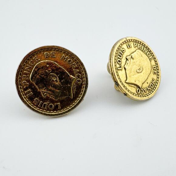 Vintage Louis II Prince de Monaco Coin Earrings - Gold Tone Screw Back Clip On - Picture 5 of 10